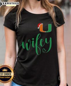 Good Wifey Miami Hurricanes Santa Hat Merry Christmas Ladies Tee featuring festive design and team spirit.