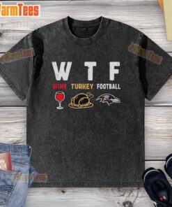Good wine and Baltimore Ravens football-themed Thanksgiving washed t-shirt for fans celebrating the holiday.