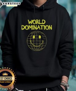 Good World Domination Emoji Smile Logo Hoodie showcasing a vibrant design with a playful smiley face and bold text.