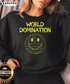 Alt Text: Good World Domination Emoji Smile Logo Sweatshirt featuring a vibrant design and playful emoji graphics.