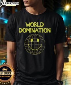 Alt Text: Good World Domination Emoji Smile Logo T-Shirt featuring a playful emoji design for a fun and unique style.