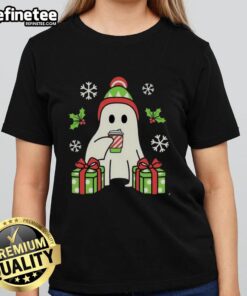 Happy Christmas Ghost Ladies Tee featuring playful ghost designs in festive colors for a fun holiday spirit.