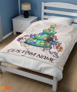 Happy Cute Mice & Penguin Cartoon Christmas Tree Blanket Fleece Customized Blanket - Image 3