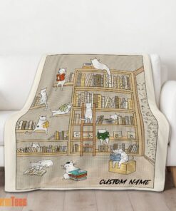 Happy Cute Vintage Minimalist Cat Book Reading Blanket Fleece Customized Blanket - Image 3