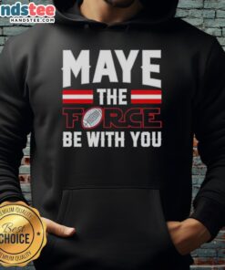 Happy Drake Maye wearing a New England Patriots hoodie with 'Maye The Force Be With You' design, showcasing team spirit.