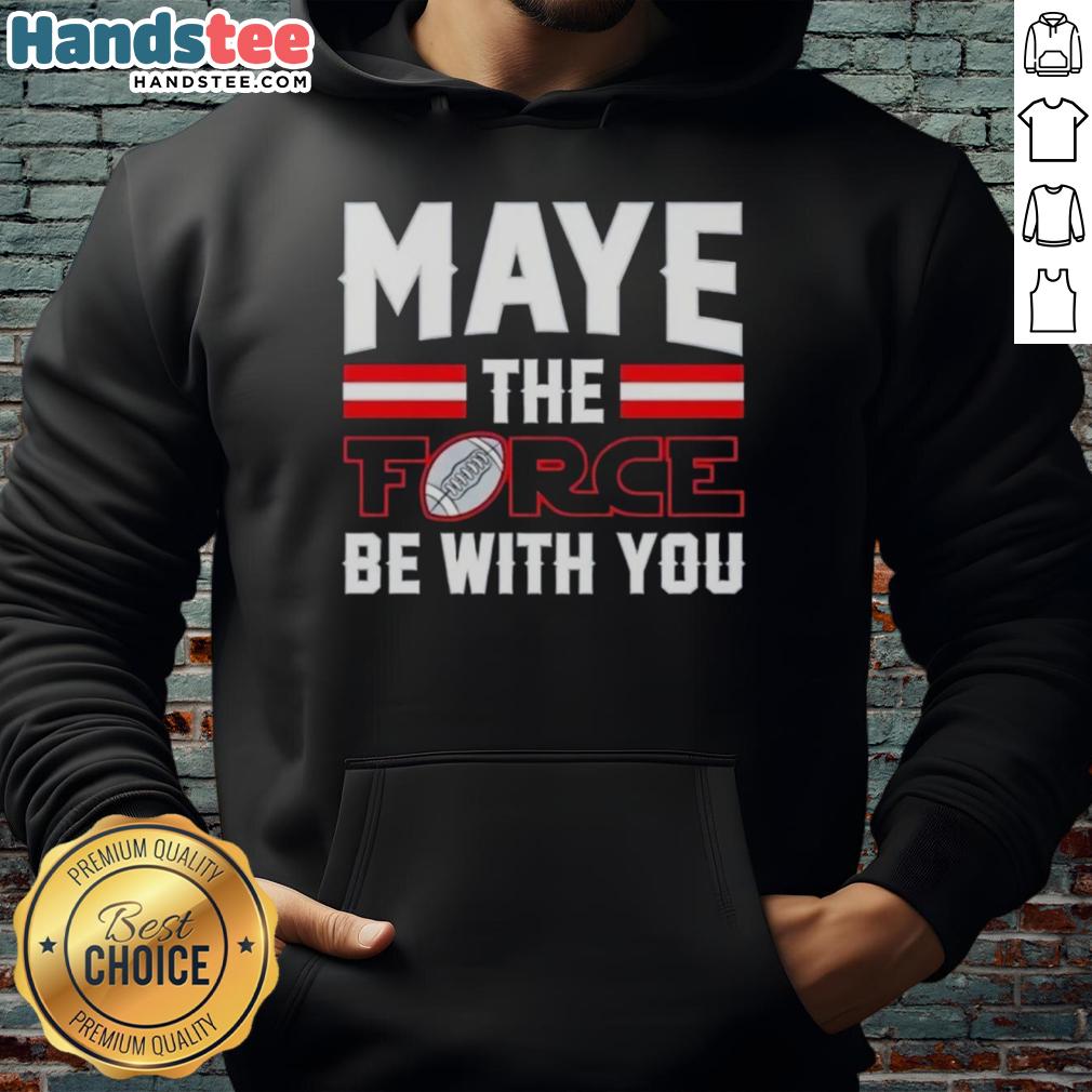 happy-drake-maye-new-england-patriots-maye-the-force-be-with-you-hoodie Happy Drake Maye wearing a New England Patriots hoodie with 'Maye The Force Be With You' design, showcasing team spirit.