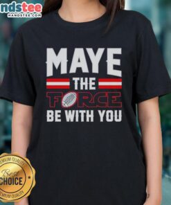 Happy Drake Maye wearing a New England Patriots tee with 'May the Force Be With You' design, showcasing team spirit.