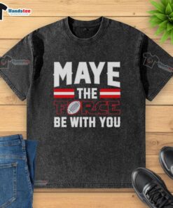 Happy Drake Maye wearing a New England Patriots 'May the Force Be With You' washed t-shirt, showcasing team spirit.