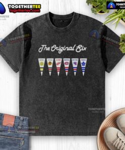 Alt Text: Happy NHL Original Six National Hockey League pennant flag graphic on a washed t-shirt, perfect for hockey fans.