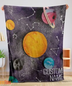 Happy Outer Space Galaxy Watercolor Planets & Stars Blanket Fleece Customized Blanket