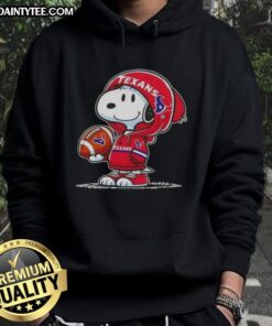 Alt Text: Happy Peanuts Snoopy wearing a Houston Texans hoodie, smiling at fans and showcasing team spirit.