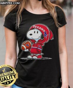 Alt Text: Happy Peanuts Snoopy in a Houston Texans hoodie, smiling at fans on a ladies' tee, showcasing team spirit.