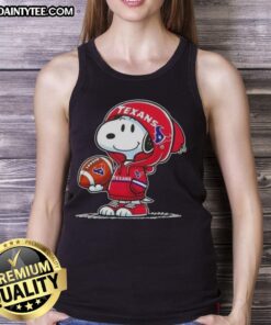 Happy Peanuts Snoopy in a Houston Texans hoodie smiling at fans, perfect for tank top designs.