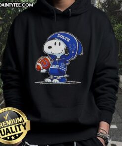 Happy Peanuts Snoopy wearing an Indianapolis Colts hoodie, smiling at fans in a cheerful atmosphere.