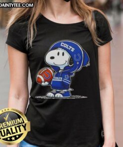 Alt Text: Happy Peanuts Snoopy in an Indianapolis Colts hoodie smiling at fans, perfect for ladies' tee collections.