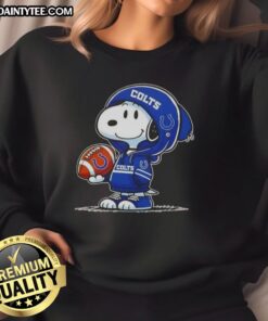 Alt Text: Happy Peanuts Snoopy wearing an Indianapolis Colts hoodie, smiling at fans while showcasing his sweatshirt.