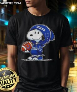 Alt Text: Happy Peanuts Snoopy in a hoodie, smiling at fans on an Indianapolis Colts T-shirt, perfect for NFL enthusiasts.
