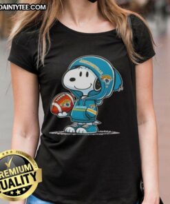 Happy Peanuts Snoopy wearing Jacksonville Jaguars hoodie, smiling at fans on ladies tee design.