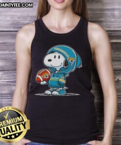 Alt Text: Happy Peanuts Snoopy in a Jacksonville Jaguars hoodie smiles at fans while wearing a tank top, showcasing team spirit.