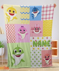 Happy Personalized Colorful Baby Shark Blanket Fleece Customized Blanket