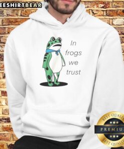 Happy Portland frog wearing 'In Frogs We Trust' hoodie, showcasing fun and quirky urban style in Portland.