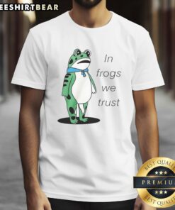 Alt Text: Happy Portland frog wearing In Frogs We Trust T-shirt, showcasing a playful design perfect for amphibian lovers.