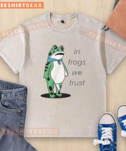 Happy Portland frog graphic on 'In Frogs We Trust' washed t-shirt, perfect for frog lovers and casual wear enthusiasts.
