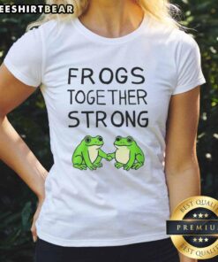 Happy Portland frogs on a tee shirt design, showcasing strong ladies united in a vibrant and fun graphic.