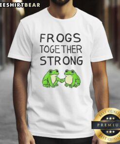 Alt Text: Happy Portland Frogs Together Strong T-Shirt featuring vibrant frog designs and a motivational message for frog lovers.
