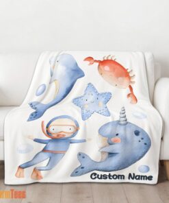 Happy Sea's Treasures Narwhal Dolphin Crab Starfish Scuba Divers Blanket Fleece Customized Blanket - Image 2