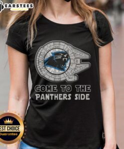 Happy Star Wars Come To The Carolina Panthers Side Ladies Tee featuring vibrant graphics and a stylish design for fans.