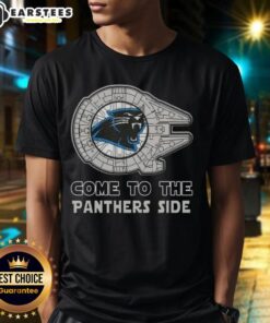 Alt Text: Happy Star Wars Come To The Carolina Panthers Side T-Shirt featuring playful graphics for fans of both franchises.
