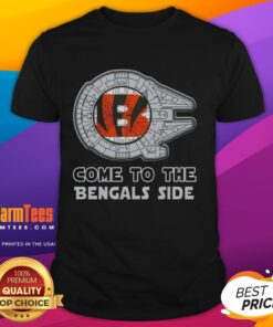 Happy Star Wars Come To The Cincinnati Bengals Side T-Shirt featuring iconic characters and team colors for fans.