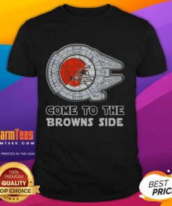 Happy Star Wars Come To The Cleveland Browns Side T-Shirt featuring iconic characters supporting the Browns in a fun design.