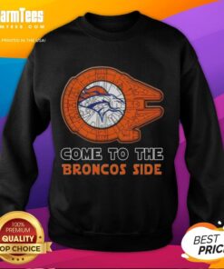Happy Star Wars Denver Broncos side sweatshirt featuring iconic characters and team colors for fans.