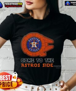 Happy Star Wars Come to the Houston Astros side ladies tee featuring a vibrant design for fans celebrating both themes.
