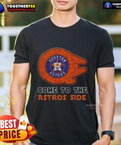 Happy Star Wars Come To The Houston Astros Side T-Shirt featuring playful designs blending baseball and sci-fi themes.