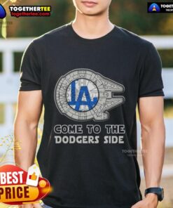 Happy Star Wars Come To The Los Angeles Dodgers Side T-Shirt featuring iconic characters and Dodgers logo in vibrant colors.