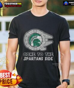 Happy Star Wars-themed Michigan State Spartans T-shirt showcasing a fun design for fans and collectors.