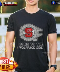 Happy Star Wars NC State Wolfpack Side T-Shirt featuring iconic characters and team colors for fans of both franchises.