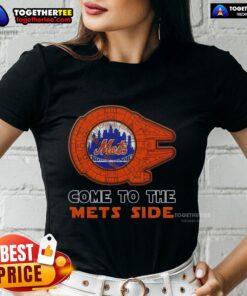 Alt Text: Happy Star Wars New York Mets Side Ladies Tee featuring a fun design for fans of baseball and the Star Wars franchise.