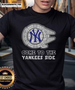 Happy Star Wars New York Yankees t-shirt featuring iconic characters, perfect for fans of both franchises.
