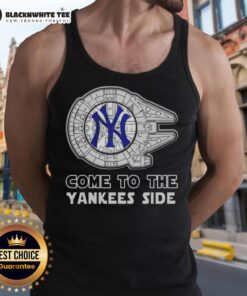 Happy Star Wars-themed New York Yankees side tank top featuring iconic characters and team logo in vibrant colors.