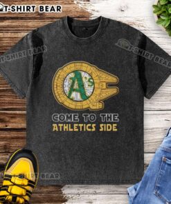 Happy Star Wars Oakland Athletics side washed t-shirt featuring a vibrant design for fans of baseball and sci-fi.