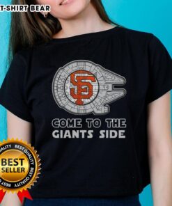 Alt Text: Happy Star Wars themed San Francisco Giants ladies tee featuring vibrant graphics and playful design.