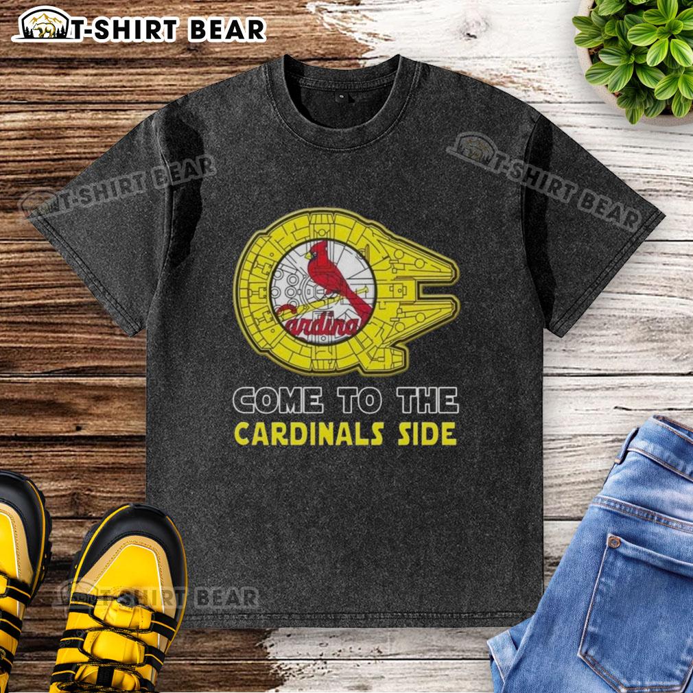Happy Star Wars Come To The St Louis Cardinals Side Washed T Shirt Happy Star Wars St. Louis Cardinals side-washed t-shirt featuring iconic characters and team logo in vibrant colors.