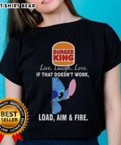 Happy Stitch X Burger King ladies tee featuring 'Live Laugh Love' slogan with playful graphics, perfect for casual wear.