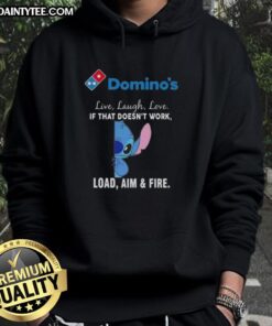 Alt Text: Happy Stitch X Dominos hoodie featuring 'Live Laugh Love' and 'Load Aim And Fire' designs in vibrant colors.