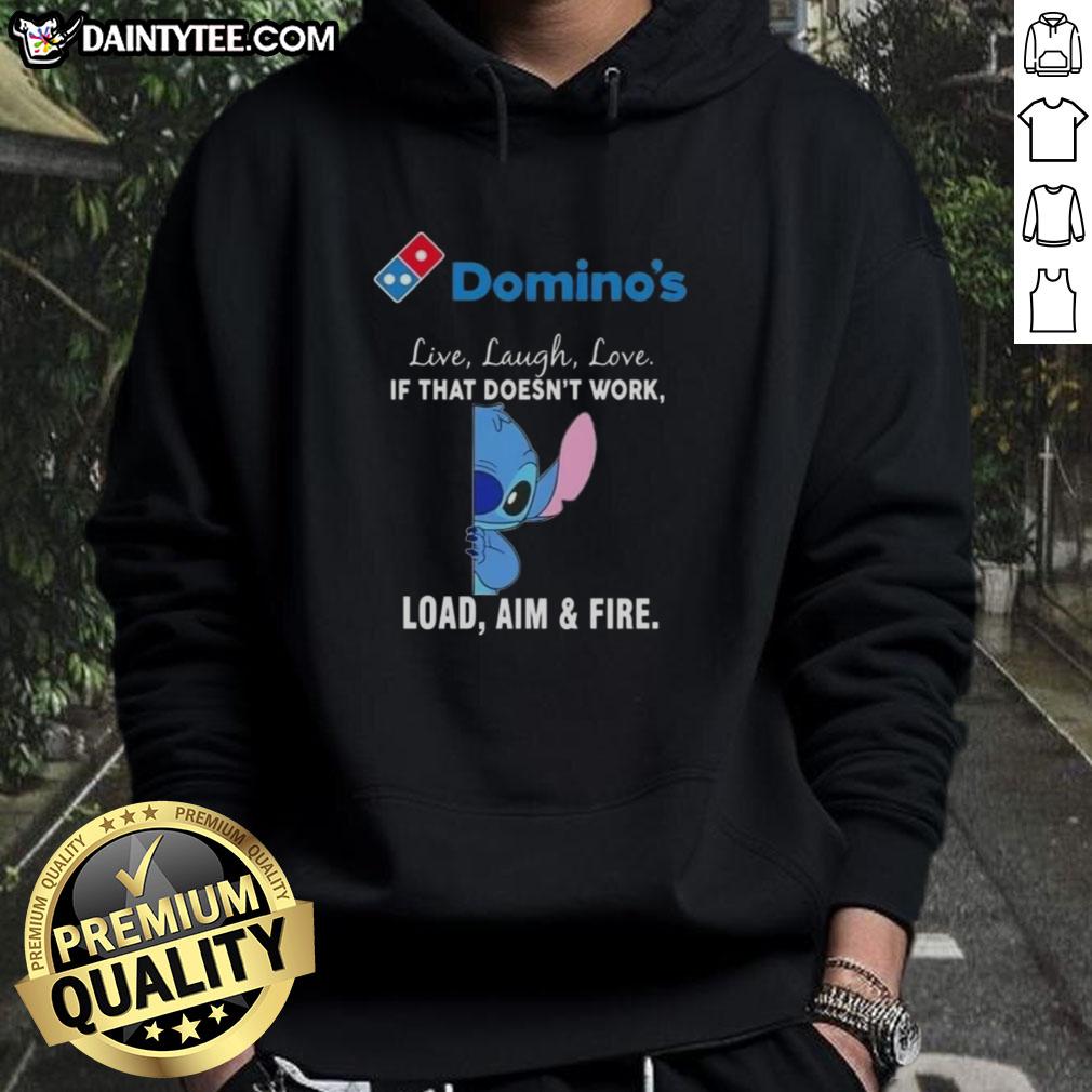 happy-stitch-x-dominos-live-laugh-love-if-that-doesnt-work-load-aim-and-fire-hoodie Alt Text: Happy Stitch X Dominos hoodie featuring 'Live Laugh Love' and 'Load Aim And Fire' designs in vibrant colors.