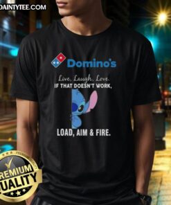 Happy Stitch X Domino's 'Live Laugh Love' T-Shirt featuring playful graphics and humorous quotes for pizza lovers.